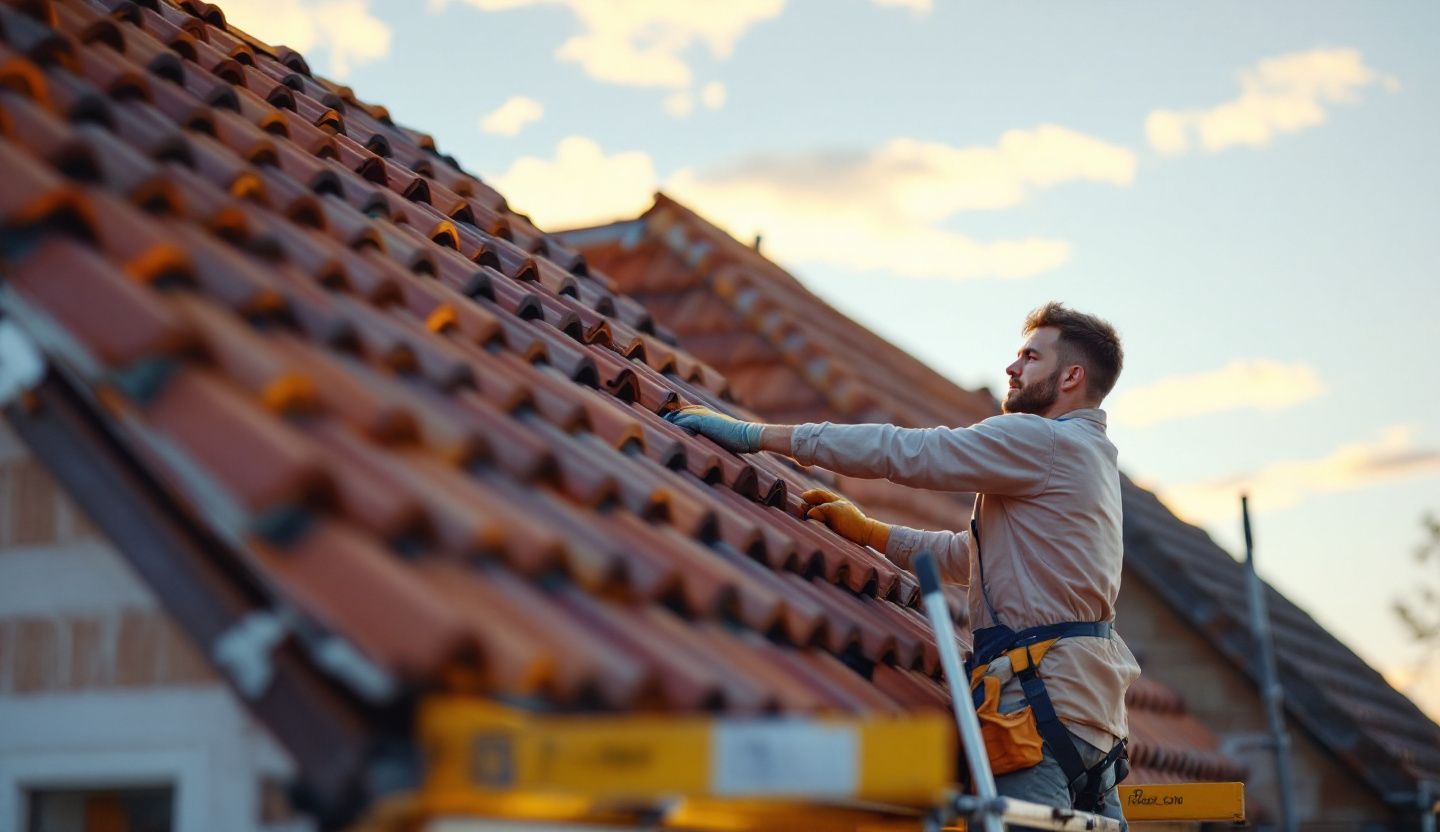 Dachdecker verlegt neue Tonziegel auf einem Steildach im Abendlicht