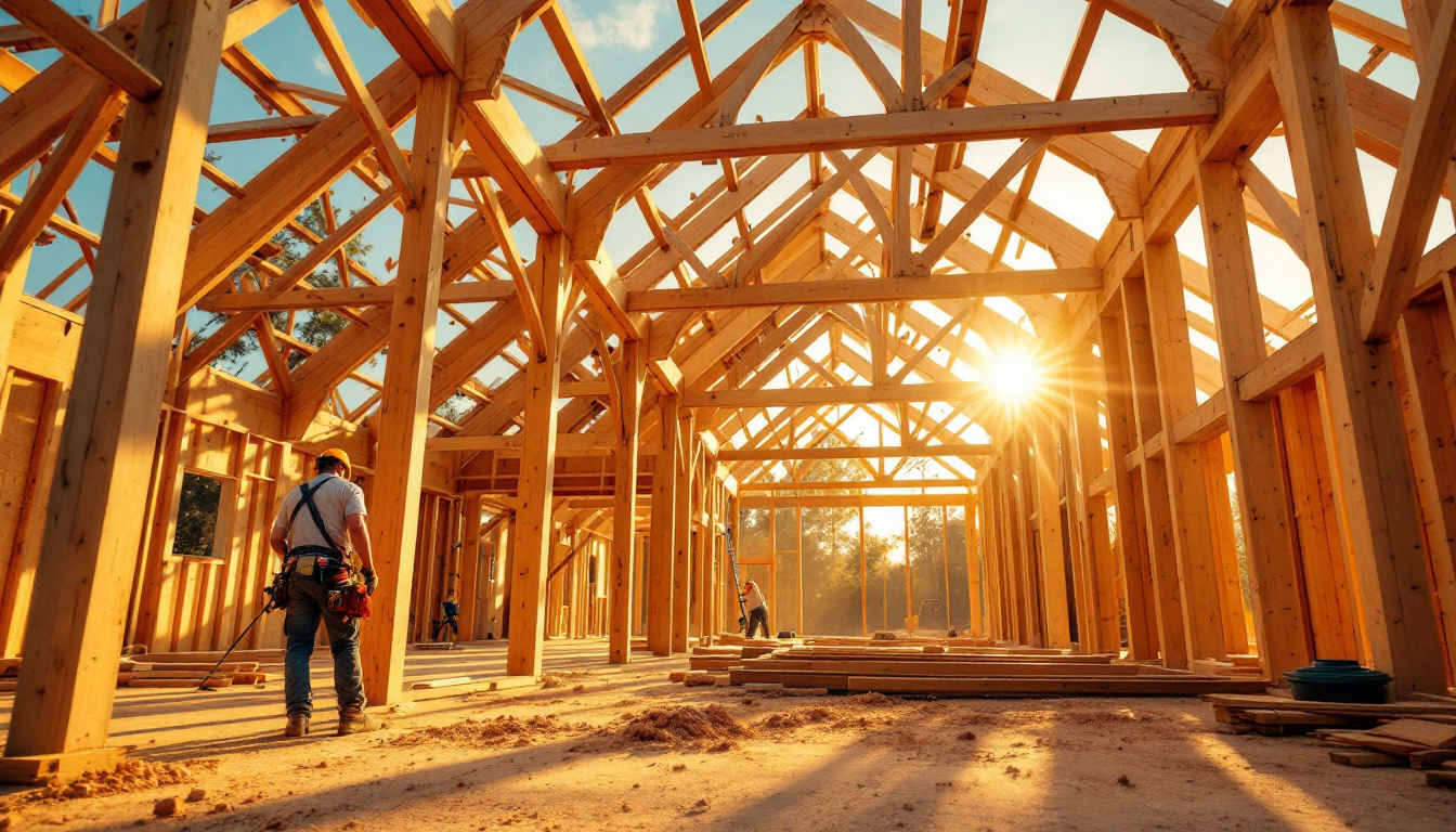 Frisch gerichteter Dachstuhl aus Holz